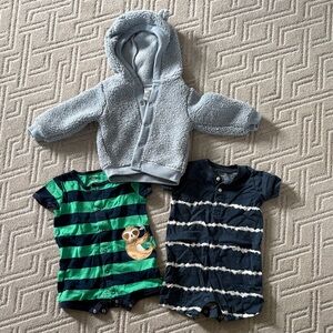 Carters Blue Sherpa Hoodie and Navy Striped Romper Sets